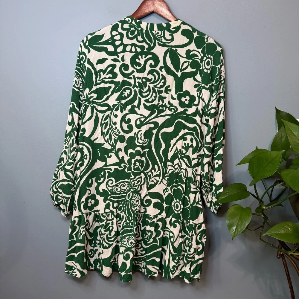 Zara Basic Printed Tunic Mini Dress in Green/Ecru. EUC. Small - Picture 7 of 11